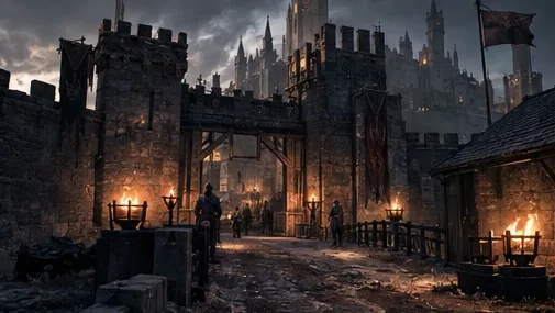 The main gate of Sundermarch Watch by torchlight